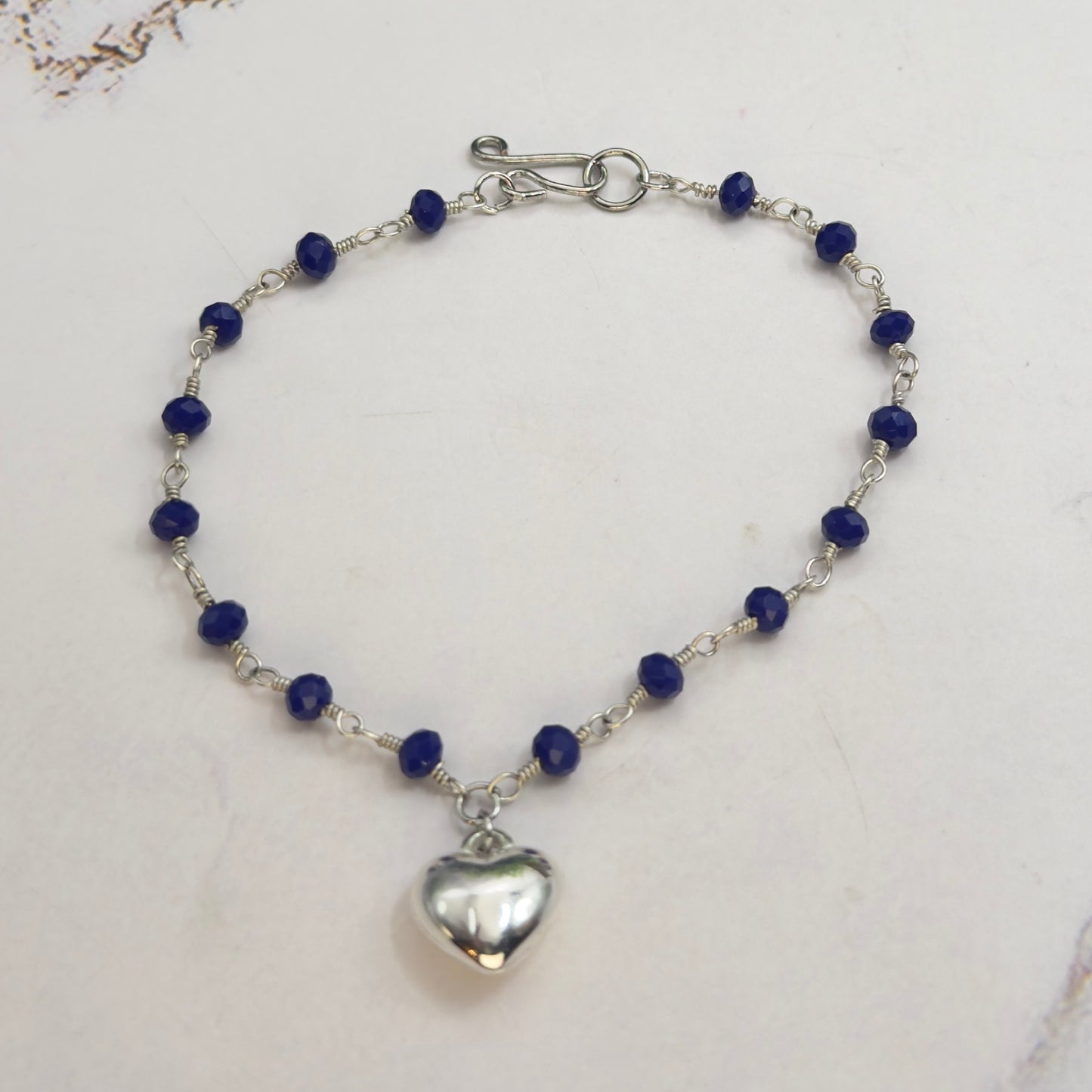 Blue Crystal Beaded Silver Heart Charm Doll Necklace • 18 Inch Fashion Doll Jewelry