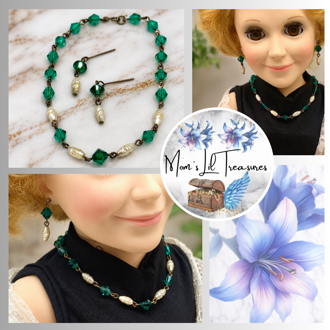 Green Glass Crystal Pearl Necklace Earring Set • 18-22 Inch Doll Jewelry