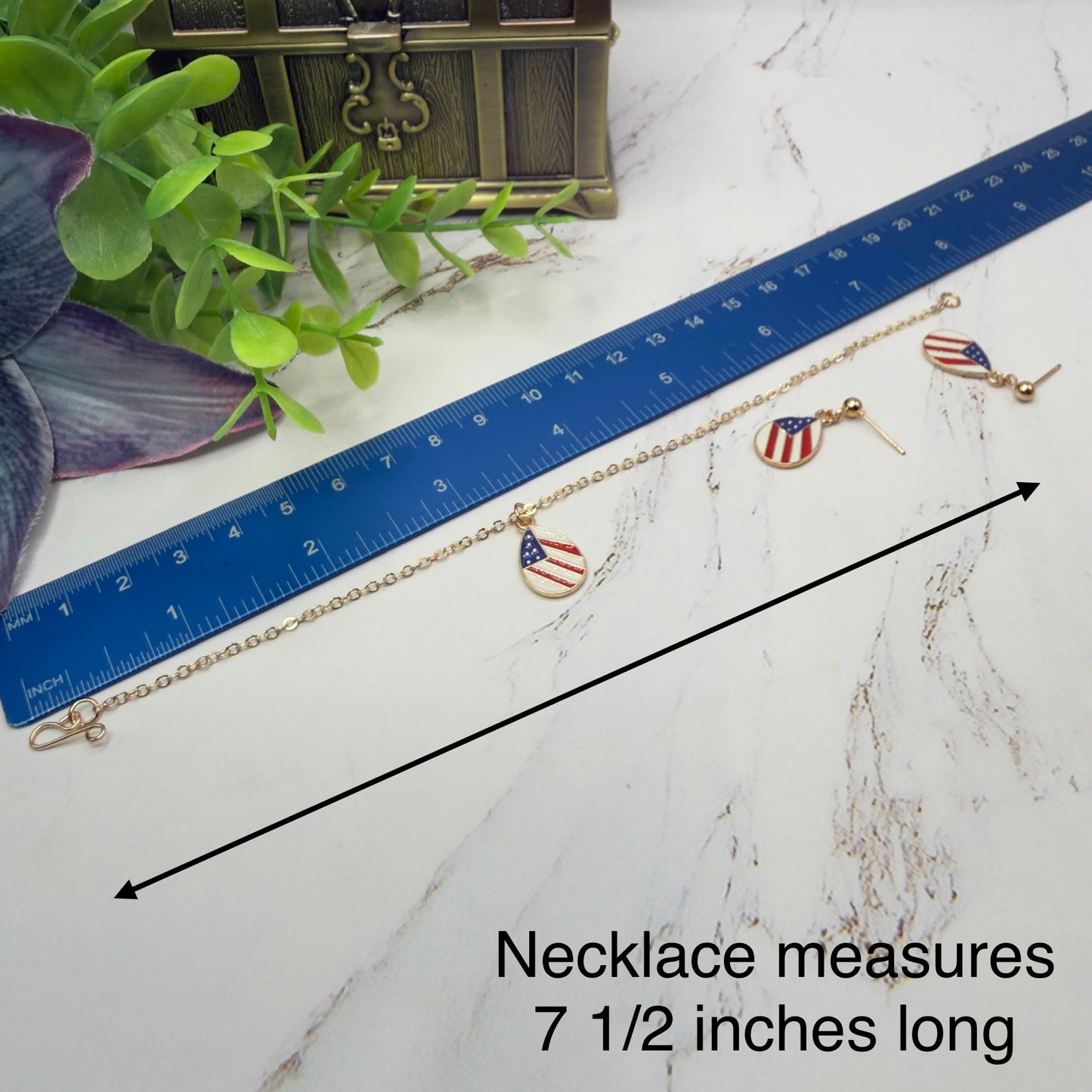 Red White Blue Teardrop Flag Patriotic Gold Doll Necklace & Earrings Set for 18 Inch Fashion Doll