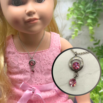 Pink Rhinestone Circle Dangle Pendant Doll Necklace • 18” Fashion Doll Jewelry