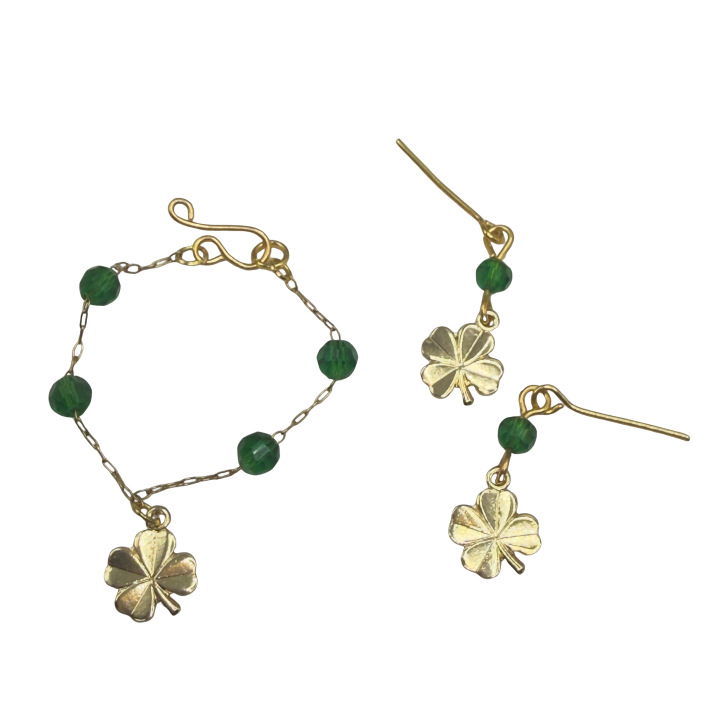 Green Bead Gold Four-Leaf Clover Doll Necklace & Earrings • 16 Inch Fashion Doll Jewelry