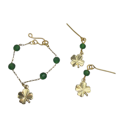 Green Bead Gold Four-Leaf Clover Doll Necklace & Earrings • 16 Inch Fashion Doll Jewelry