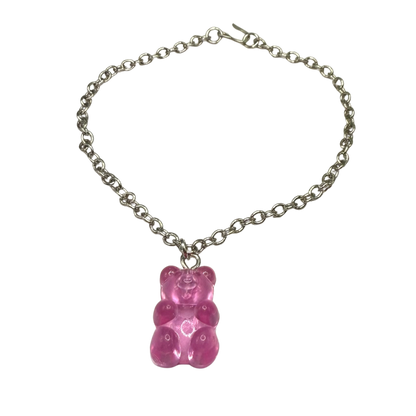 Pink Translucent Acrylic Bear Charm Doll Necklace Silver Chain • 18 Inch Fashion Doll Jewelry