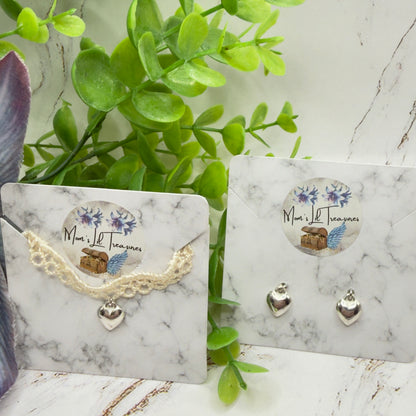 Beige Lace Choker Silver Heart Charm Doll Necklace & Earrings Set • 14 Inch Fashion Doll Jewelry