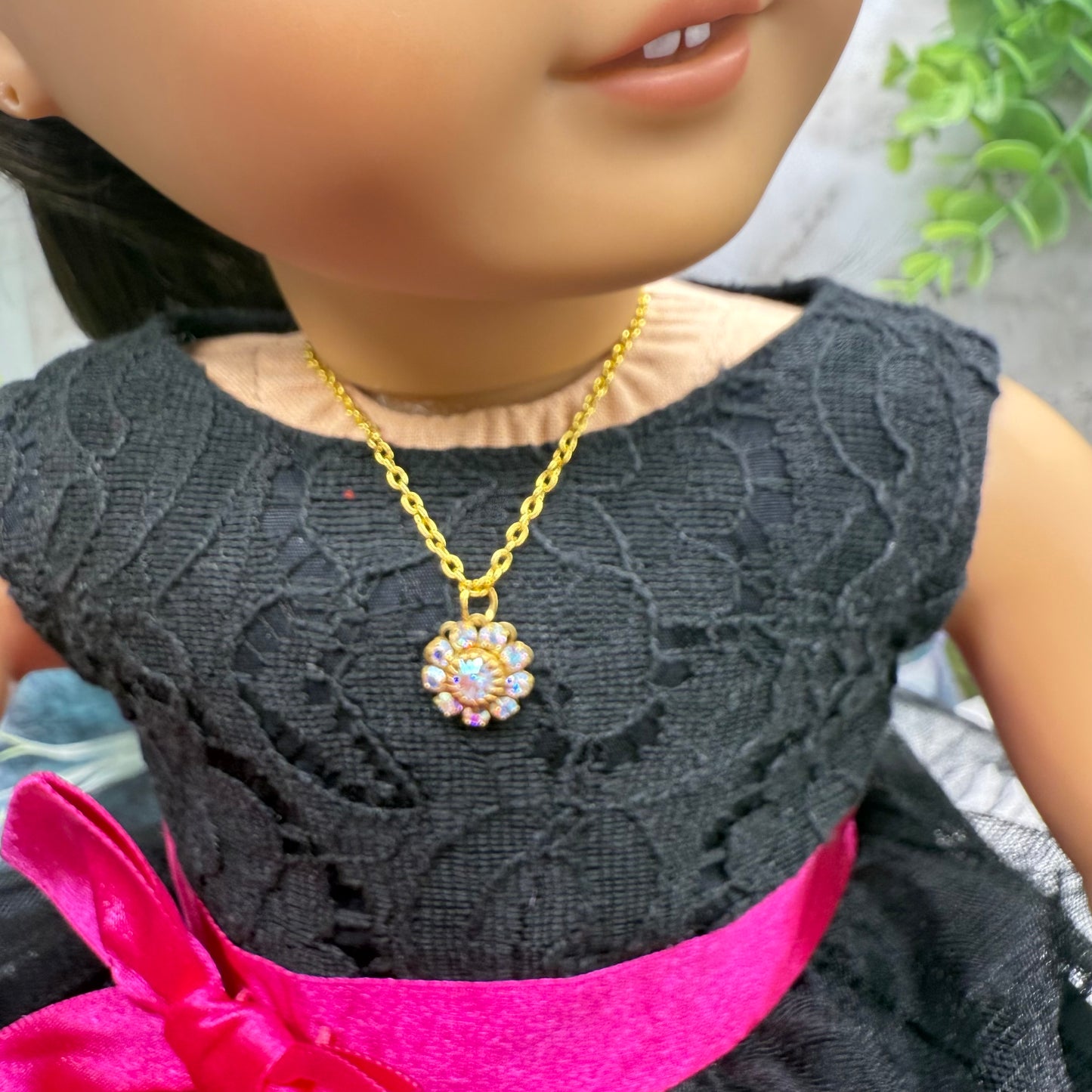 Aurora Borealis Rhinestone Flower Shape Pendant Gold Doll Necklace • 18 Inch Fashion Doll Jewelry