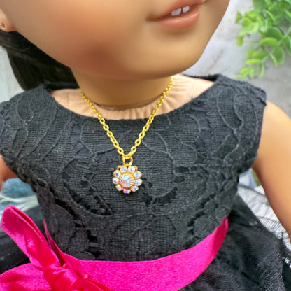 Aurora Borealis Rhinestone Flower Shape Pendant Gold Doll Necklace • 18 Inch Fashion Doll Jewelry