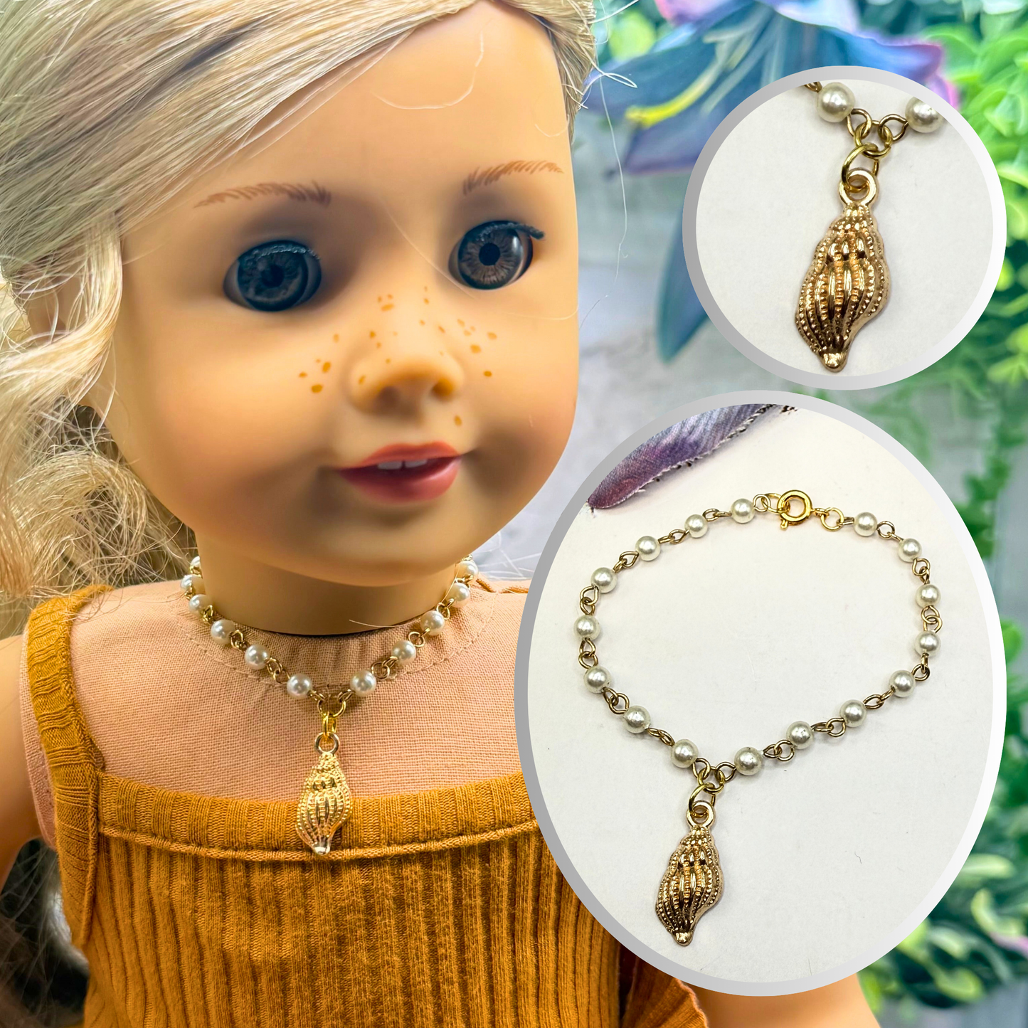 ✨Handmade Doll Jewelry Designed to Fit popular 18 Inch Fashion Dolls: add a little “Summer Fun ☀️ Beachy Style 🏝️” to your favorite doll!✨

Gold Beach Style Conch Shell Charm Pearl Beaded Doll Necklace