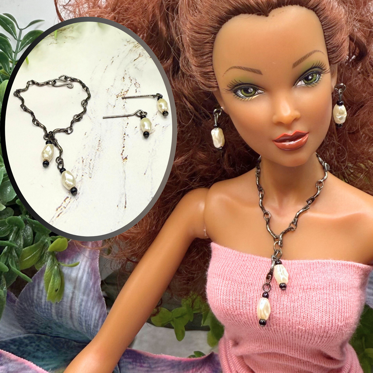 Black Chain Pearl Dangle Doll Necklace & Earrings Set • 16 Inch Fashion Doll Jewelry