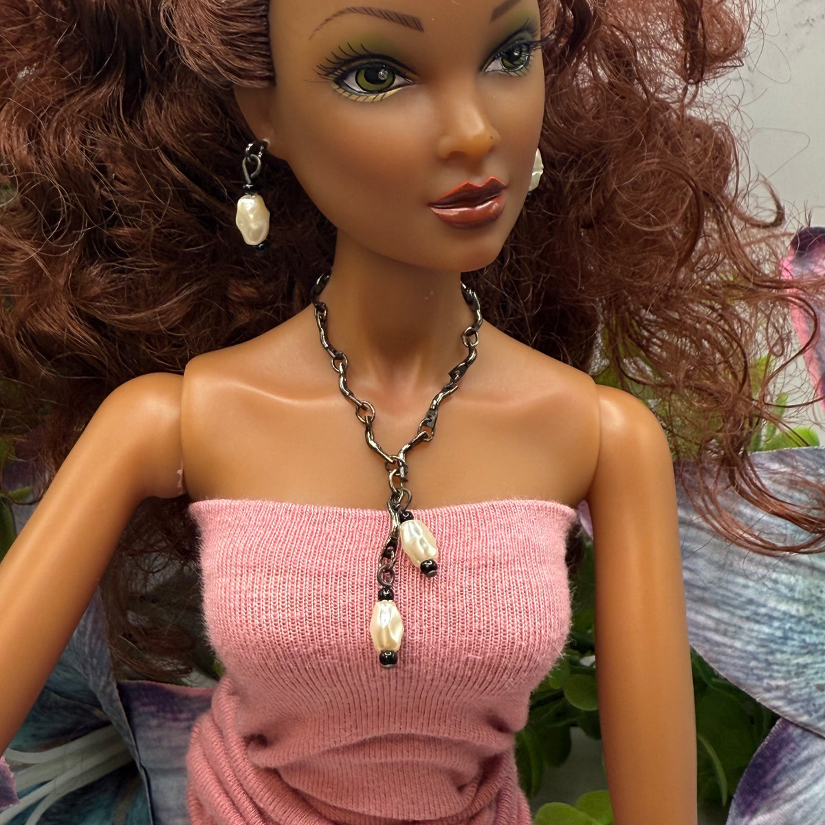 Black Chain Pearl Dangle Doll Necklace & Earrings Set • 16 Inch Fashion Doll Jewelry