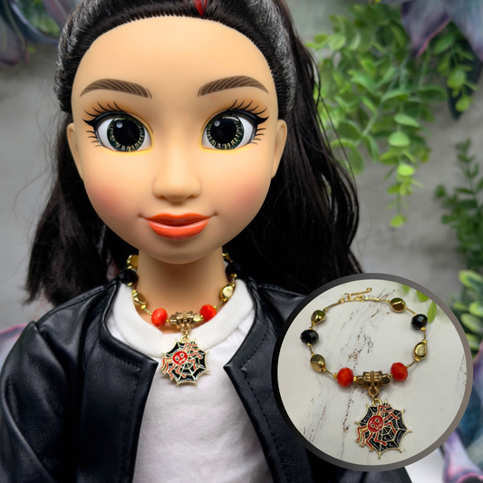 ✨Handmade Doll Jewelry Designed to Fit popular 18 Inch Fashion Dolls: add some “Spooky Halloween 🎃” style to your favorite doll!✨

Black Red Spider Web Halloween Charm Beaded Gold Tone Chain Doll Necklace. Necklace measures 6 inches long.