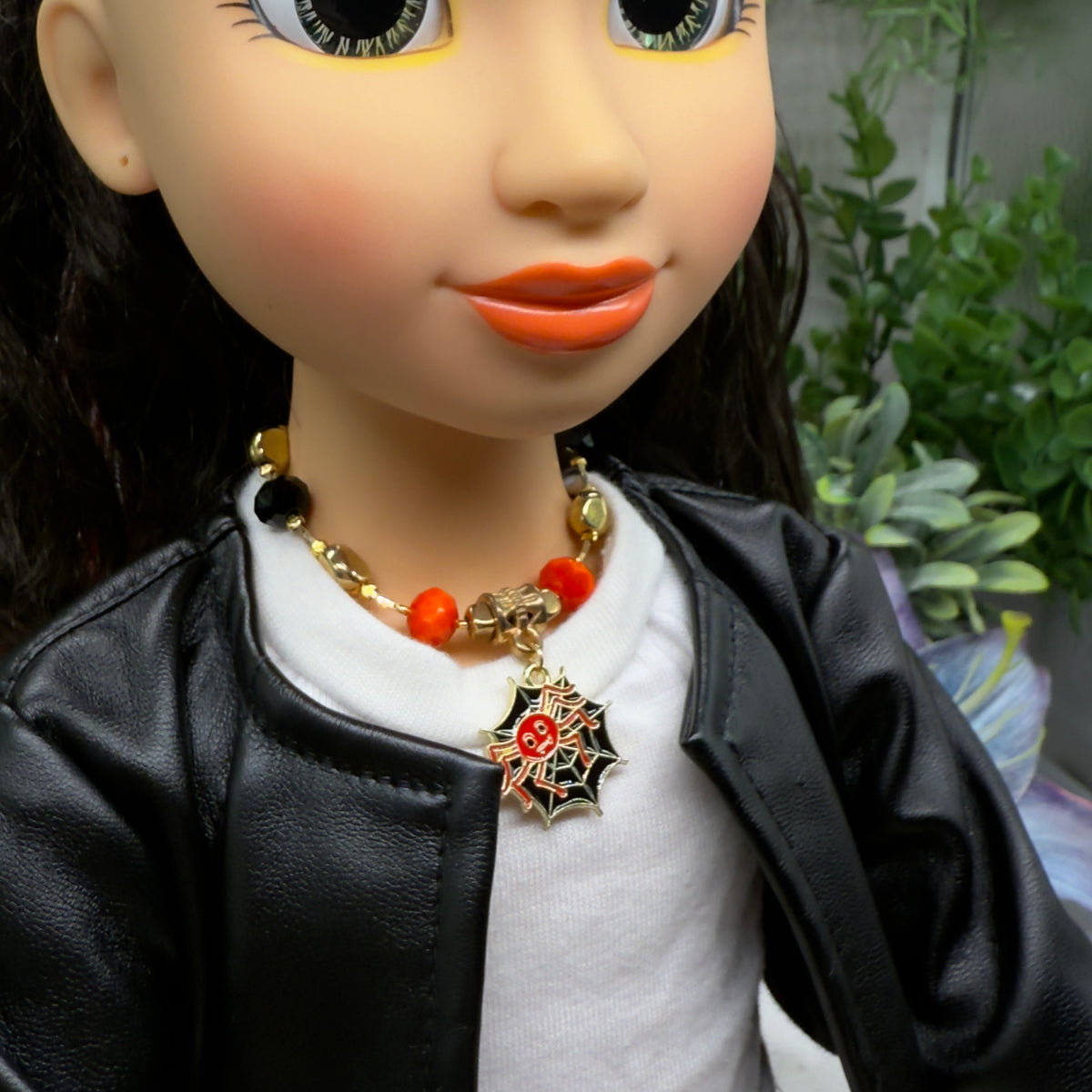 ✨Handmade Doll Jewelry Designed to Fit popular 18 Inch Fashion Dolls: add some “Spooky Halloween 🎃” style to your favorite doll!✨

Black Red Spider Web Halloween Charm Beaded Gold Tone Chain Doll Necklace. Necklace measures 6 inches long.