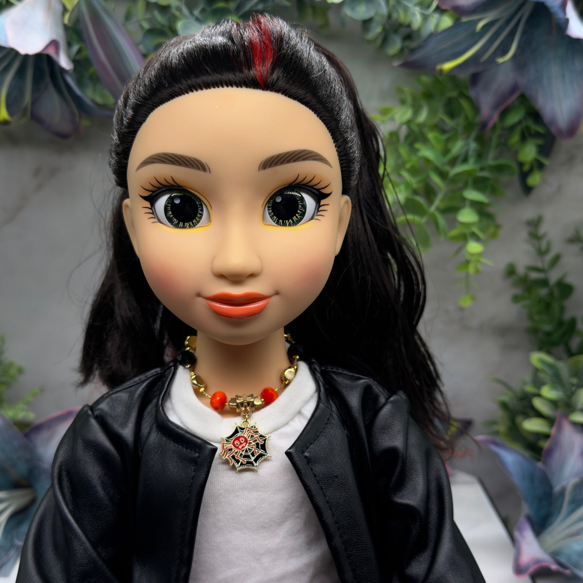 ✨Handmade Doll Jewelry Designed to Fit popular 18 Inch Fashion Dolls: add some “Spooky Halloween 🎃” style to your favorite doll!✨

Black Red Spider Web Halloween Charm Beaded Gold Tone Chain Doll Necklace. Necklace measures 6 inches long.