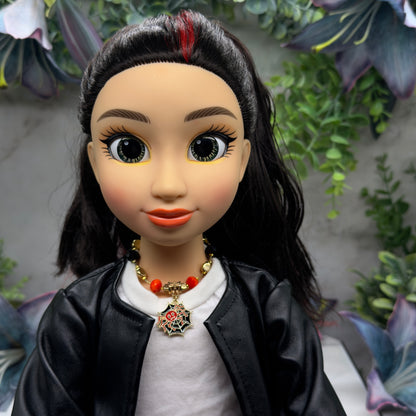 ✨Handmade Doll Jewelry Designed to Fit popular 18 Inch Fashion Dolls: add some “Spooky Halloween 🎃” style to your favorite doll!✨

Black Red Spider Web Halloween Charm Beaded Gold Tone Chain Doll Necklace. Necklace measures 6 inches long.