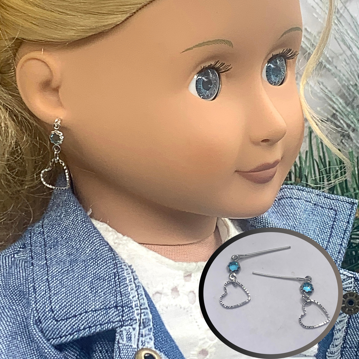 ✨Handmade Doll Jewelry Designed to Fit popular 18 Inch Fashion Dolls: add a stylish touch to your favorite doll!✨

Blue Crystal accent Silver tone Heart Dangle Doll Earrings.
