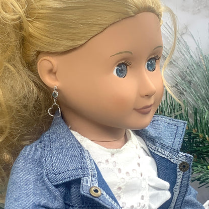 ✨Handmade Doll Jewelry Designed to Fit popular 18 Inch Fashion Dolls: add a stylish touch to your favorite doll!✨

Blue Crystal accent Silver tone Heart Dangle Doll Earrings.