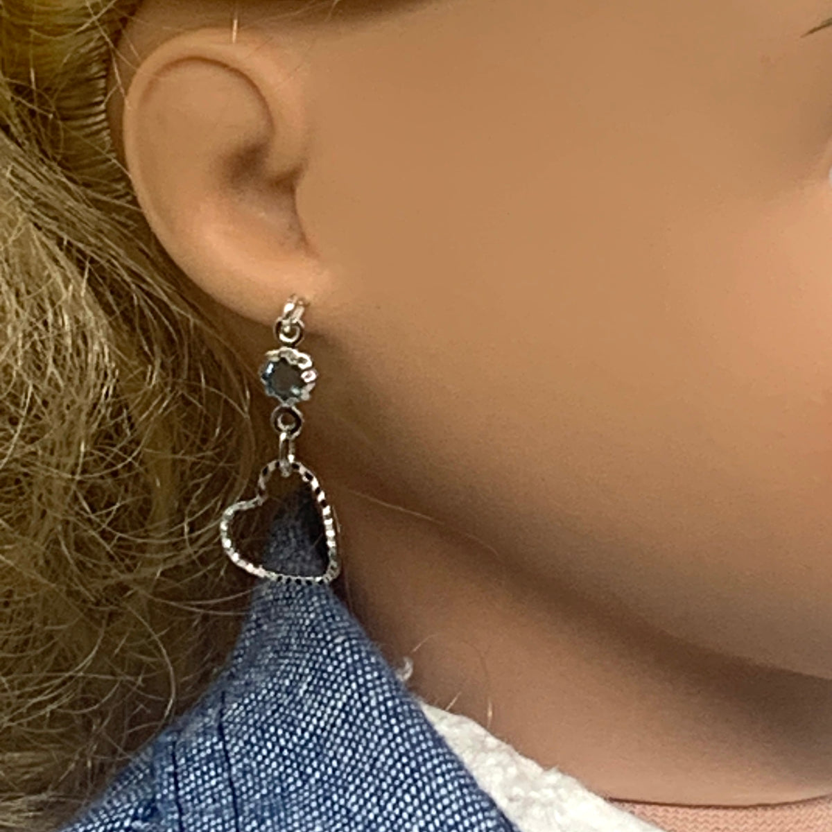 ✨Handmade Doll Jewelry Designed to Fit popular 18 Inch Fashion Dolls: add a stylish touch to your favorite doll!✨

Blue Crystal accent Silver tone Heart Dangle Doll Earrings.