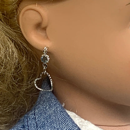 ✨Handmade Doll Jewelry Designed to Fit popular 18 Inch Fashion Dolls: add a stylish touch to your favorite doll!✨

Blue Crystal accent Silver tone Heart Dangle Doll Earrings.
