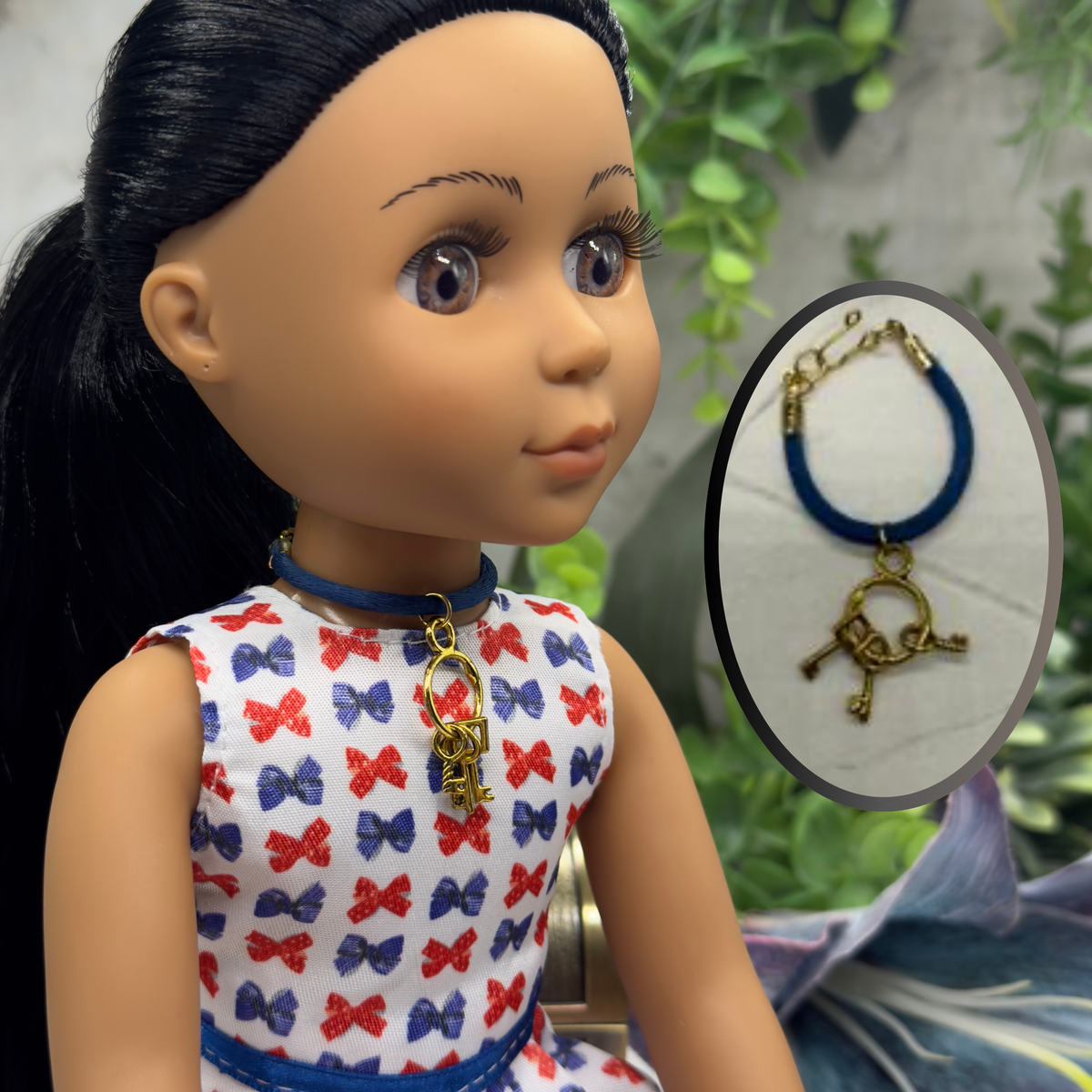 ✨ Handmade Doll Jewelry Designed to Fit popular 14 Inch Fashion Dolls: add a stylish touch to your favorite doll!✨

Blue Fabric Cord Doll Necklace with Gold tone Keys Pendant charm. The necklace cord measures 3-7/8 inches in length. 