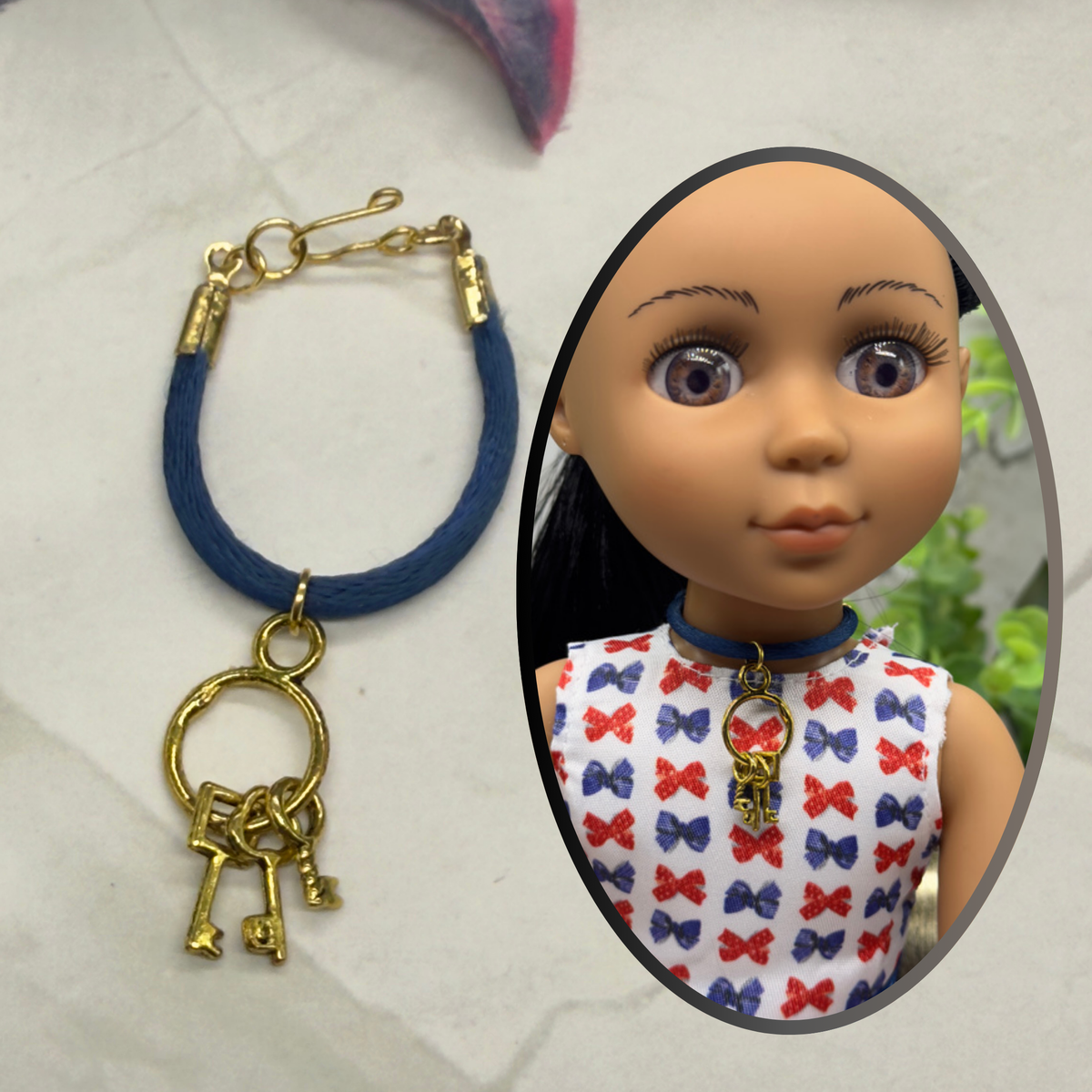 ✨ Handmade Doll Jewelry Designed to Fit popular 14 Inch Fashion Dolls: add a stylish touch to your favorite doll!✨

Blue Fabric Cord Doll Necklace with Gold tone Keys Pendant charm. The necklace cord measures 3-7/8 inches in length. 