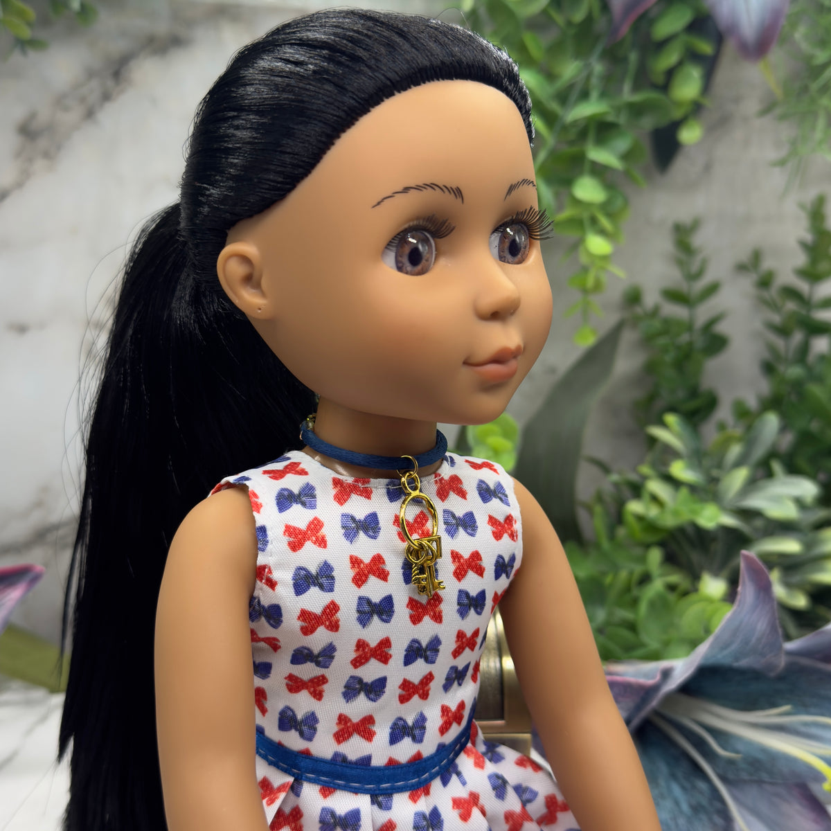 ✨ Handmade Doll Jewelry Designed to Fit popular 14 Inch Fashion Dolls: add a stylish touch to your favorite doll!✨

Blue Fabric Cord Doll Necklace with Gold tone Keys Pendant charm. The necklace cord measures 3-7/8 inches in length. 