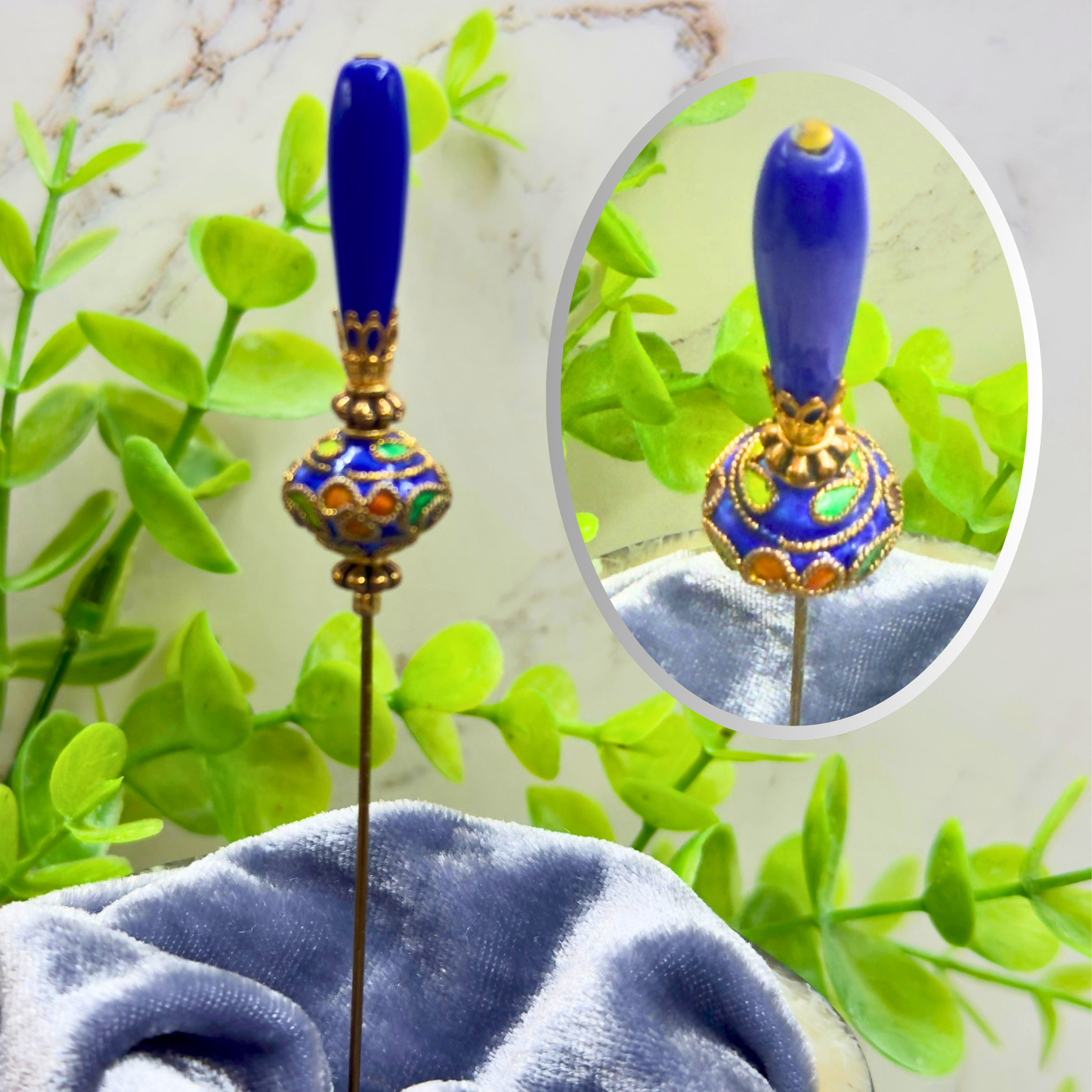 ✨Handmade Vintage Inspired Hatpin, Stick Pin, Gifts for Her, Hat Accessory, Jewelry Decor✨

Blue Glass Tapered Final Multi Color Floral Design Cloisonné Gold Tone Filigree Accent Hatpin - 6 Inch