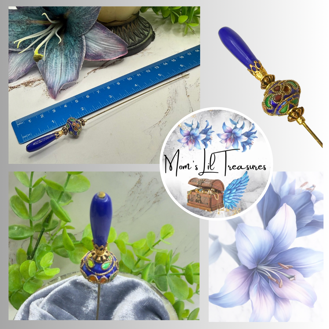 ✨Handmade Vintage Inspired Hatpin, Stick Pin, Gifts for Her, Hat Accessory, Jewelry Decor✨

Blue Glass Tapered Final Multi Color Floral Design Cloisonné Gold Tone Filigree Accent Hatpin - 6 Inch