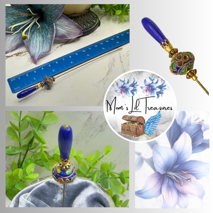 ✨Handmade Vintage Inspired Hatpin, Stick Pin, Gifts for Her, Hat Accessory, Jewelry Decor✨

Blue Glass Tapered Final Multi Color Floral Design Cloisonné Gold Tone Filigree Accent Hatpin - 6 Inch