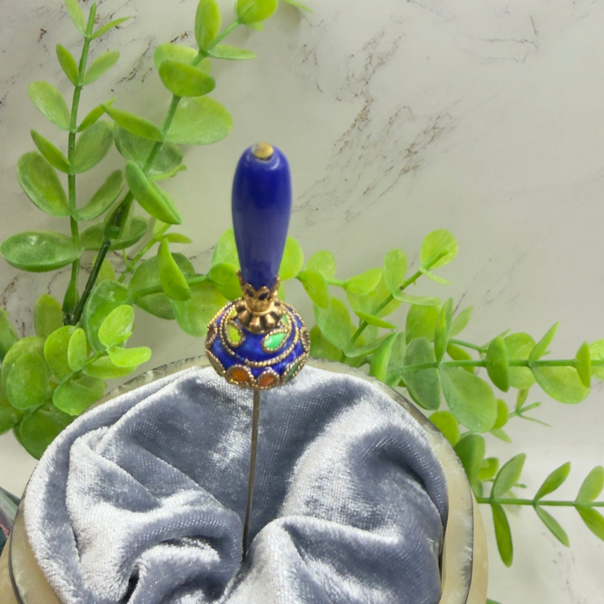 ✨Handmade Vintage Inspired Hatpin, Stick Pin, Gifts for Her, Hat Accessory, Jewelry Decor✨

Blue Glass Tapered Final Multi Color Floral Design Cloisonné Gold Tone Filigree Accent Hatpin - 6 Inch