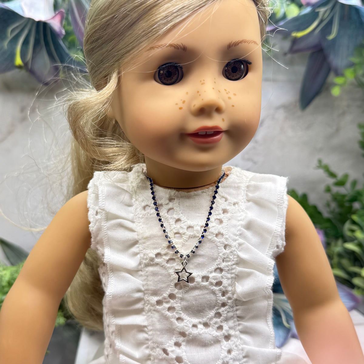 ✨ Handmade Doll Jewelry Designed to Fit popular 18 Inch Fashion Dolls: add a touch of “Patriotic Flare 🇺🇸” to your favorite doll!✨

Blue Rhinestone Silver Star Charm Doll Necklace