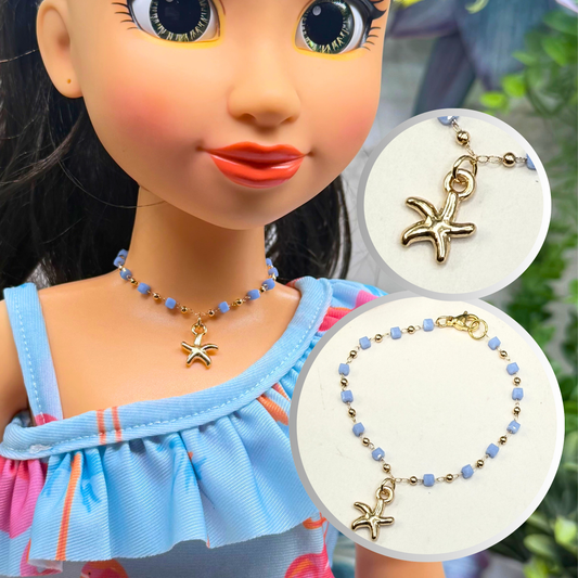 ✨Handmade Doll Jewelry Designed to Fit popular 18 Inch Fashion Dolls: add a little “Summer Fun ☀️ Beachy Style 🏝️” to your favorite doll!✨

Blue Square Round Gold Beaded Chain Gold Starfish Charm Doll Necklace
