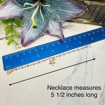 ✨Handmade Doll Jewelry Designed to Fit popular 18 Inch Fashion Dolls: add a little “Summer Fun ☀️ Beachy Style 🏝️” to your favorite doll!✨

Blue Square Round Gold Beaded Chain Gold Starfish Charm Doll Necklace

