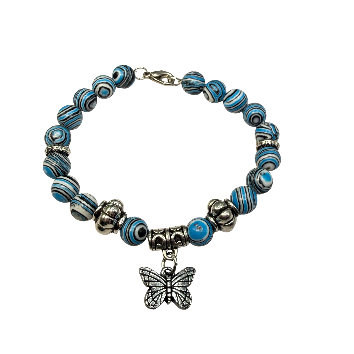 ✨Handmade Jewelry Designed to fit popular 17 to 20 cm (6 to 7 inch) Plushie Labubu Monster Dolls: add a stylish touch to your favorite plushie! ✨

Blue White Black Swirl Glass Beaded Silver Butterfly Charm Necklace