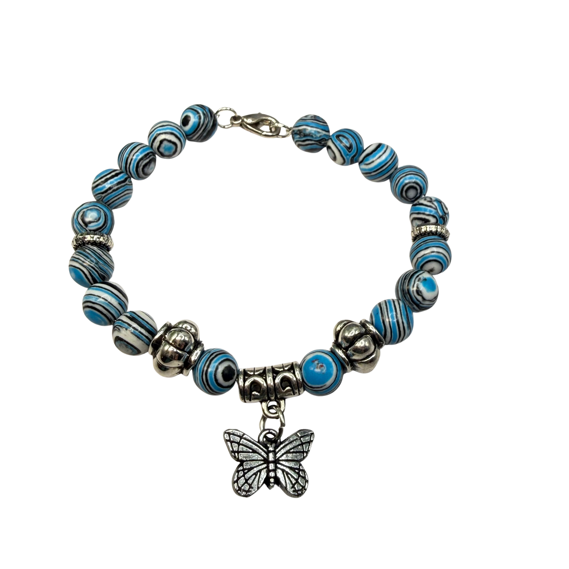 ✨Handmade Jewelry Designed to fit popular 17 to 20 cm (6 to 7 inch) Plushie Labubu Monster Dolls: add a stylish touch to your favorite plushie! ✨

Blue White Black Swirl Glass Beaded Silver Butterfly Charm Necklace