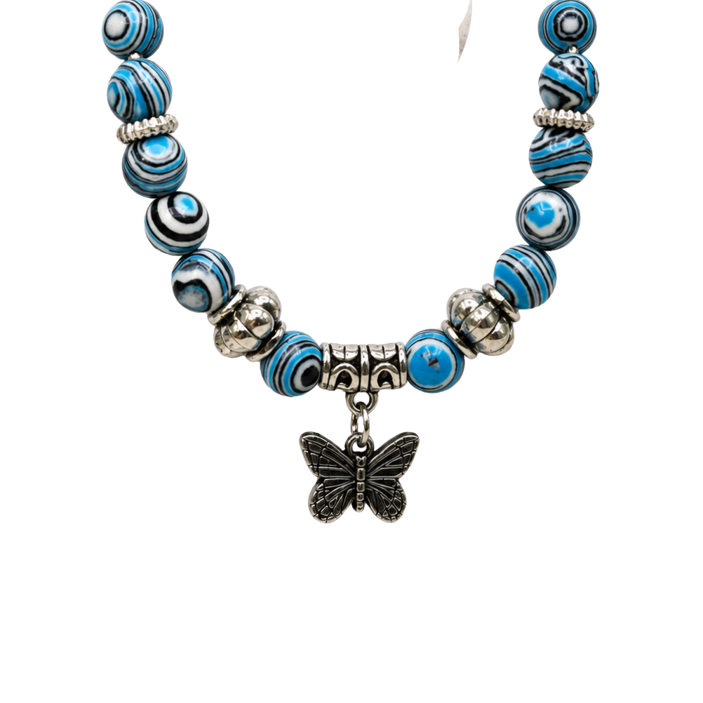 ✨Handmade Jewelry Designed to fit popular 17 to 20 cm (6 to 7 inch) Plushie Labubu Monster Dolls: add a stylish touch to your favorite plushie! ✨

Blue White Black Swirl Glass Beaded Silver Butterfly Charm Necklace