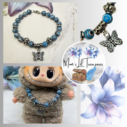 ✨Handmade Jewelry Designed to fit popular 17 to 20 cm (6 to 7 inch) Plushie Labubu Monster Dolls: add a stylish touch to your favorite plushie! ✨

Blue White Black Swirl Glass Beaded Silver Butterfly Charm Necklace
