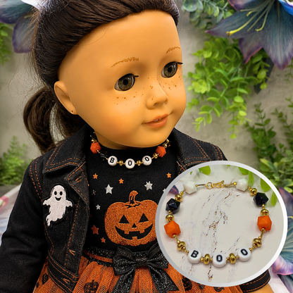 Boo Halloween Acrylic Beaded Gold Tone Chain Doll Necklace
