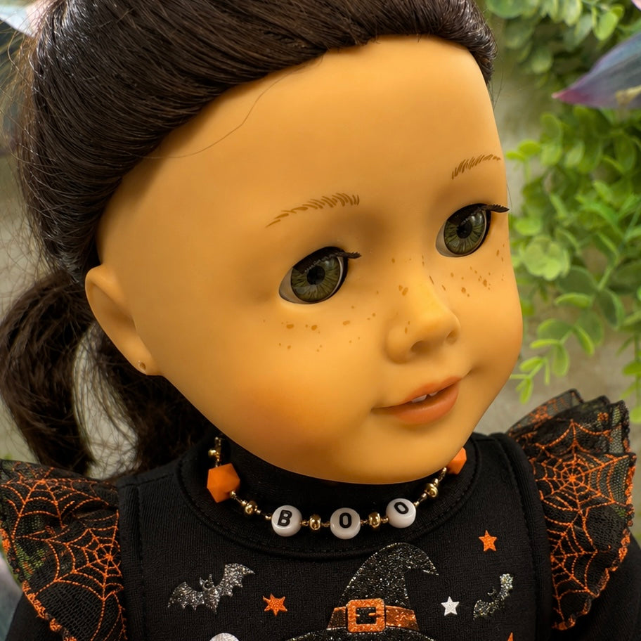 Boo Halloween Acrylic Beaded Gold Tone Chain Doll Necklace