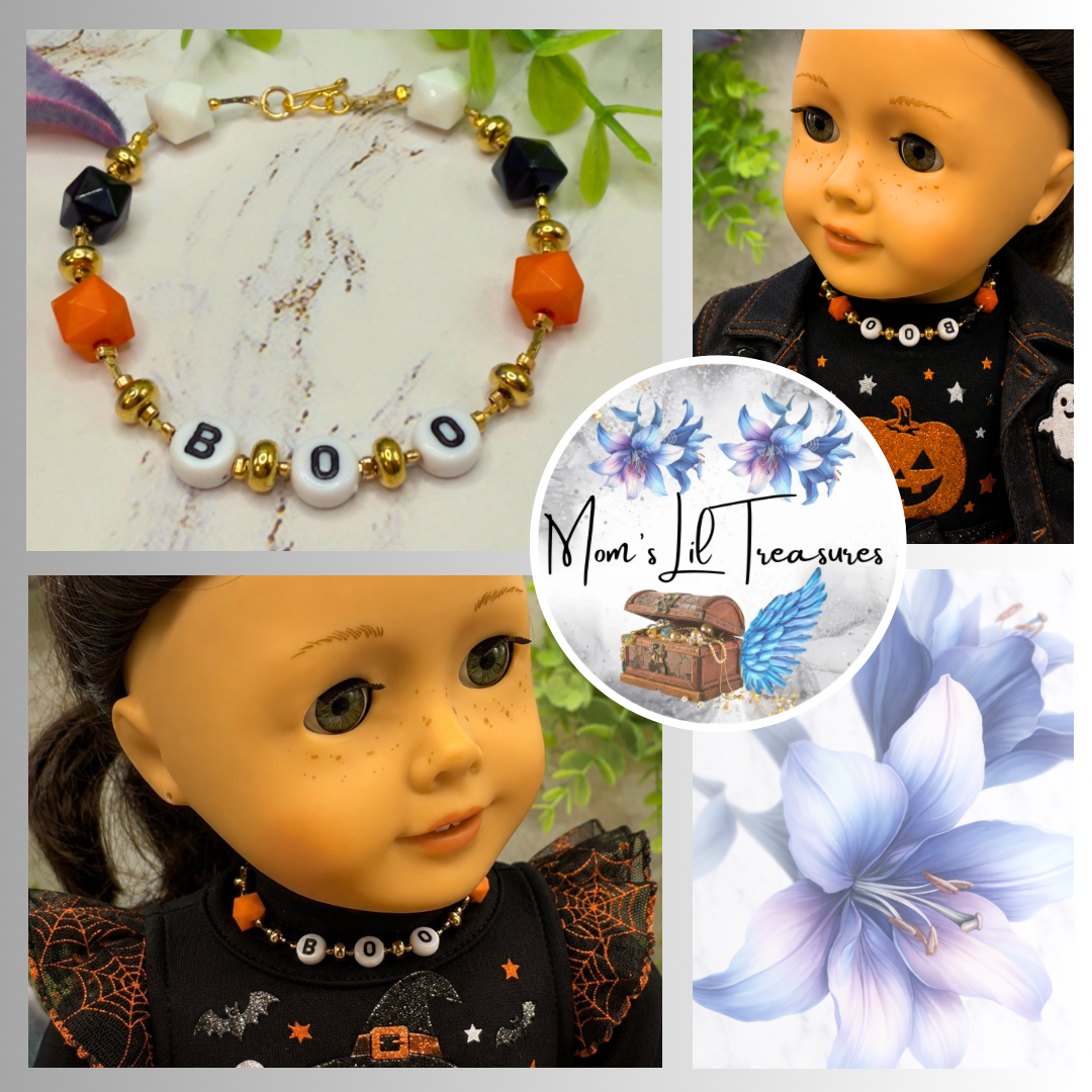 Boo Halloween Acrylic Beaded Gold Tone Chain Doll Necklace