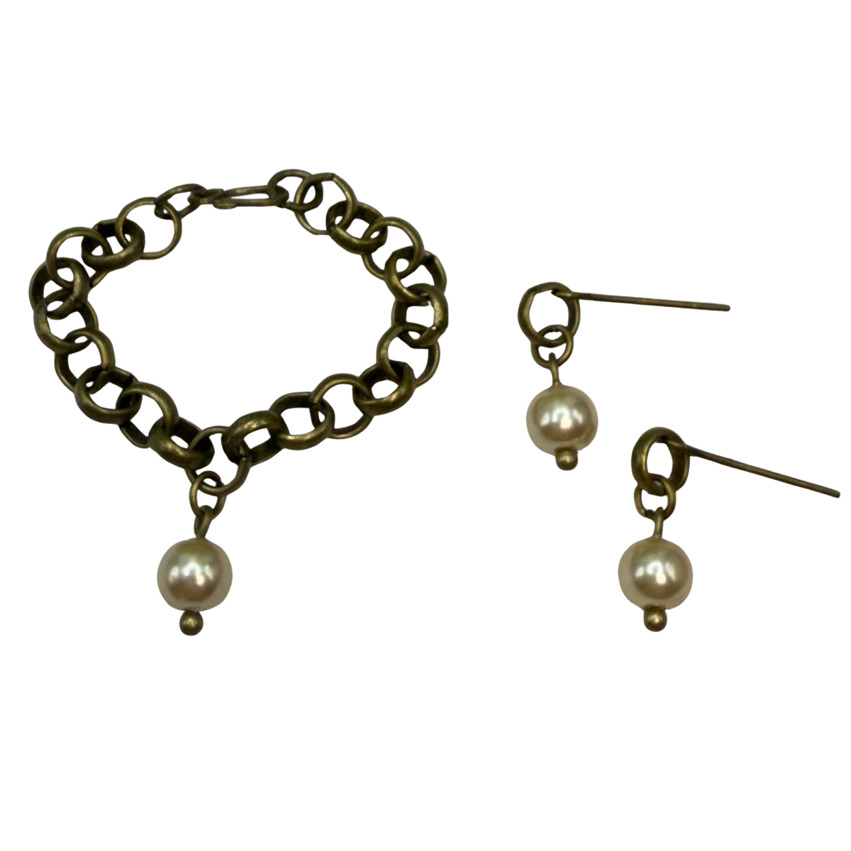 Brass Bronze Tone Large Link Pearl Dangle Doll Necklace & Earrings Set. Necklace measures 3-5/8 inches long. Necklace and earrings shown on 16” Spellbound Valentina doll