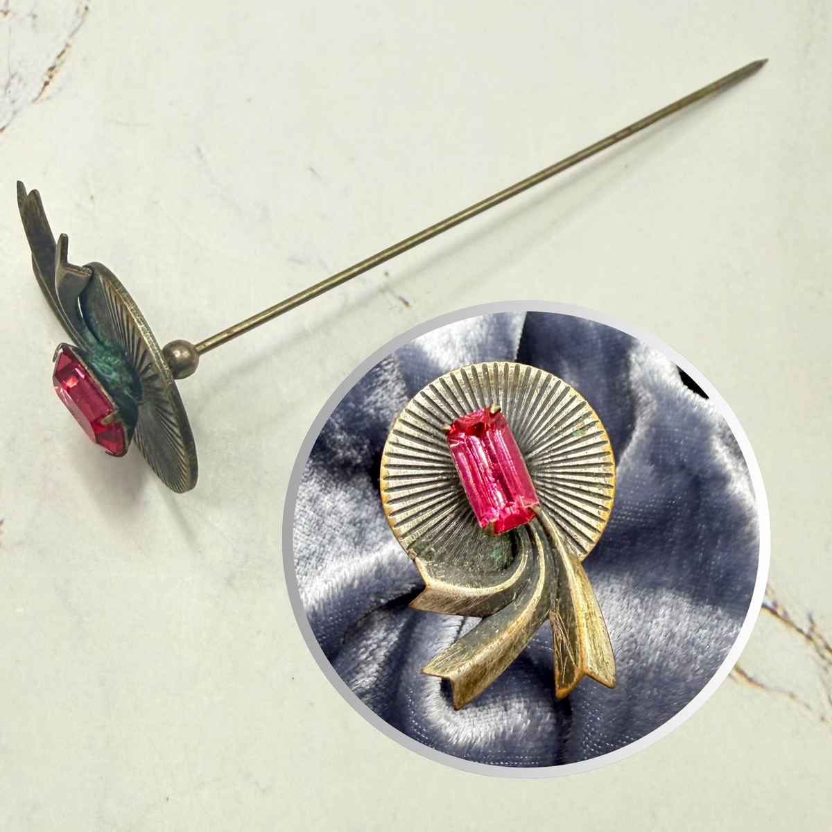 ✨ Handmade Vintage-Inspired Hatpin | Stick Pin | Hat Accessory | Sweater & Hijab Pin | Decorative Jewelry Gift for Her ✨

Brass / Bronze Tone Textured Metal Radiant Disc Fan Design with Ribbon Tails Rectangular Pink Rhinestone Center Accent - 3 Inch Hatpin / Stick Pin
