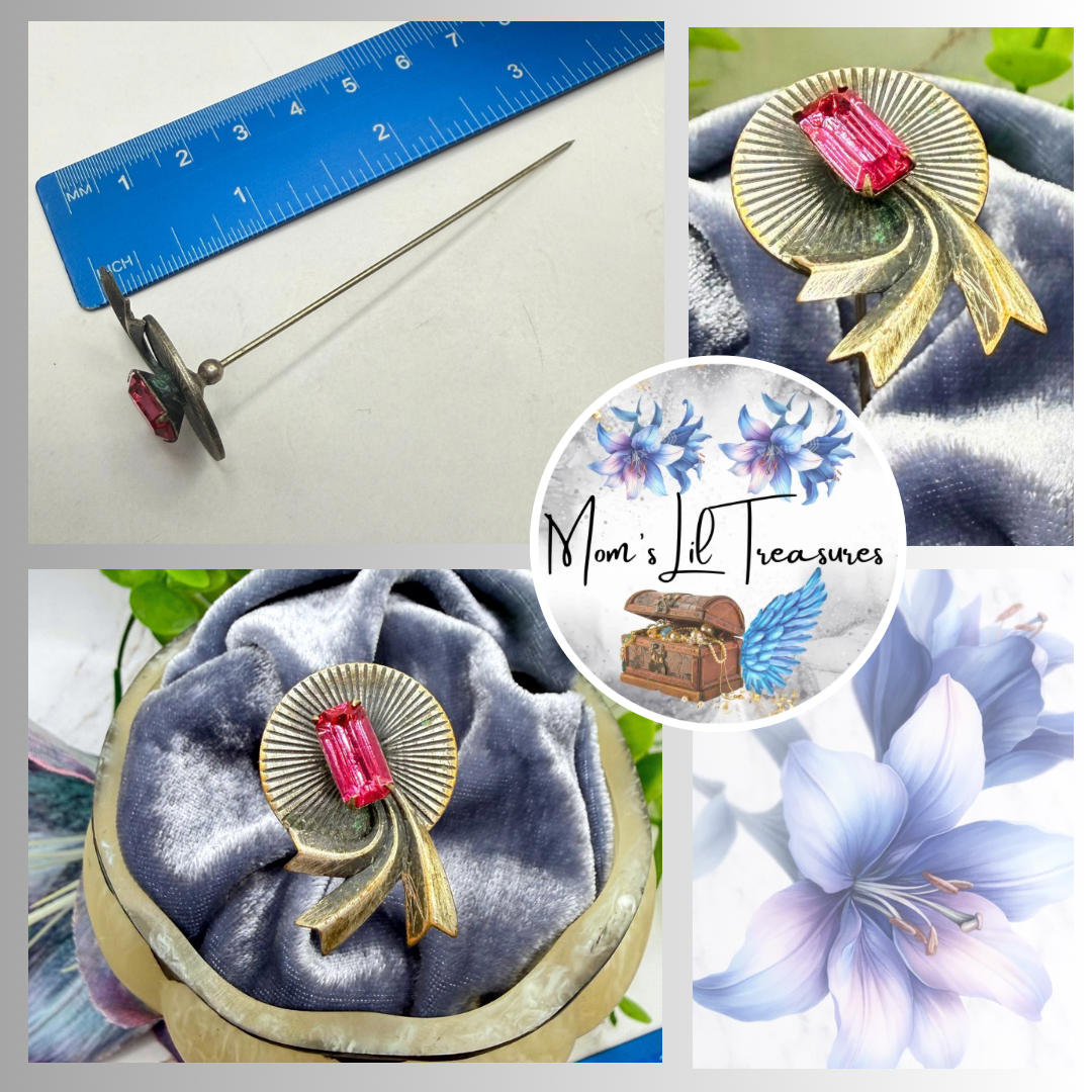 ✨ Handmade Vintage-Inspired Hatpin | Stick Pin | Hat Accessory | Sweater & Hijab Pin | Decorative Jewelry Gift for Her ✨

Brass / Bronze Tone Textured Metal Radiant Disc Fan Design with Ribbon Tails Rectangular Pink Rhinestone Center Accent - 3 Inch Hatpin / Stick Pin