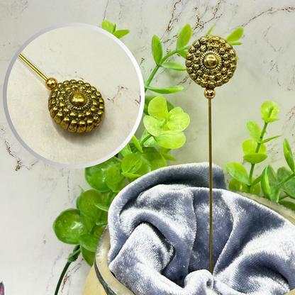 ✨ Handmade Vintage-Inspired Hatpin | Stick Pin | Hat Accessory | Sweater & Hijab Pin | Decorative Jewelry Gift for Her ✨

Brass Gold Tone Metal Circular Textured Beaded Pebbled Design Hatpin 