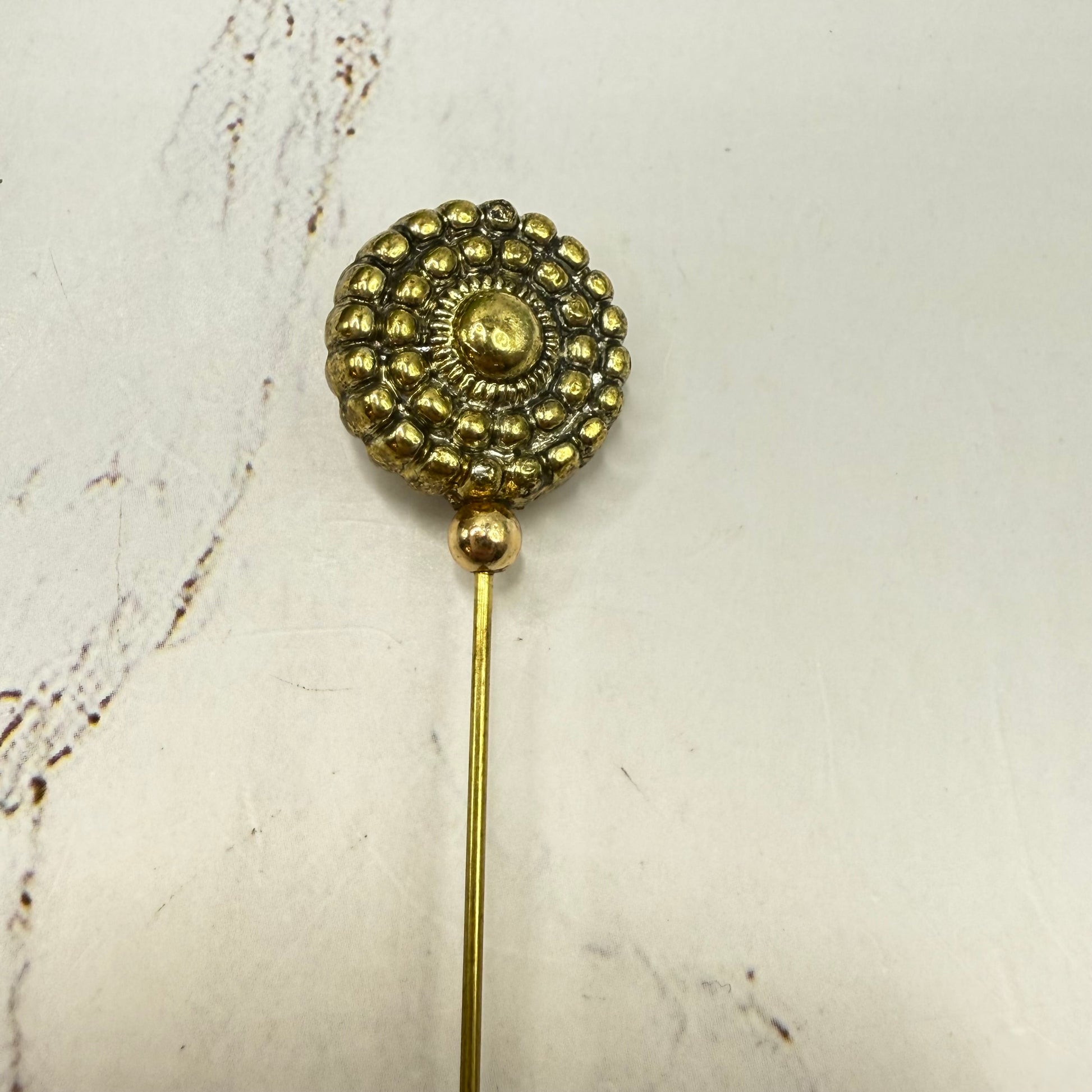 ✨ Handmade Vintage-Inspired Hatpin | Stick Pin | Hat Accessory | Sweater & Hijab Pin | Decorative Jewelry Gift for Her ✨

Brass Gold Tone Metal Circular Textured Beaded Pebbled Design Hatpin 