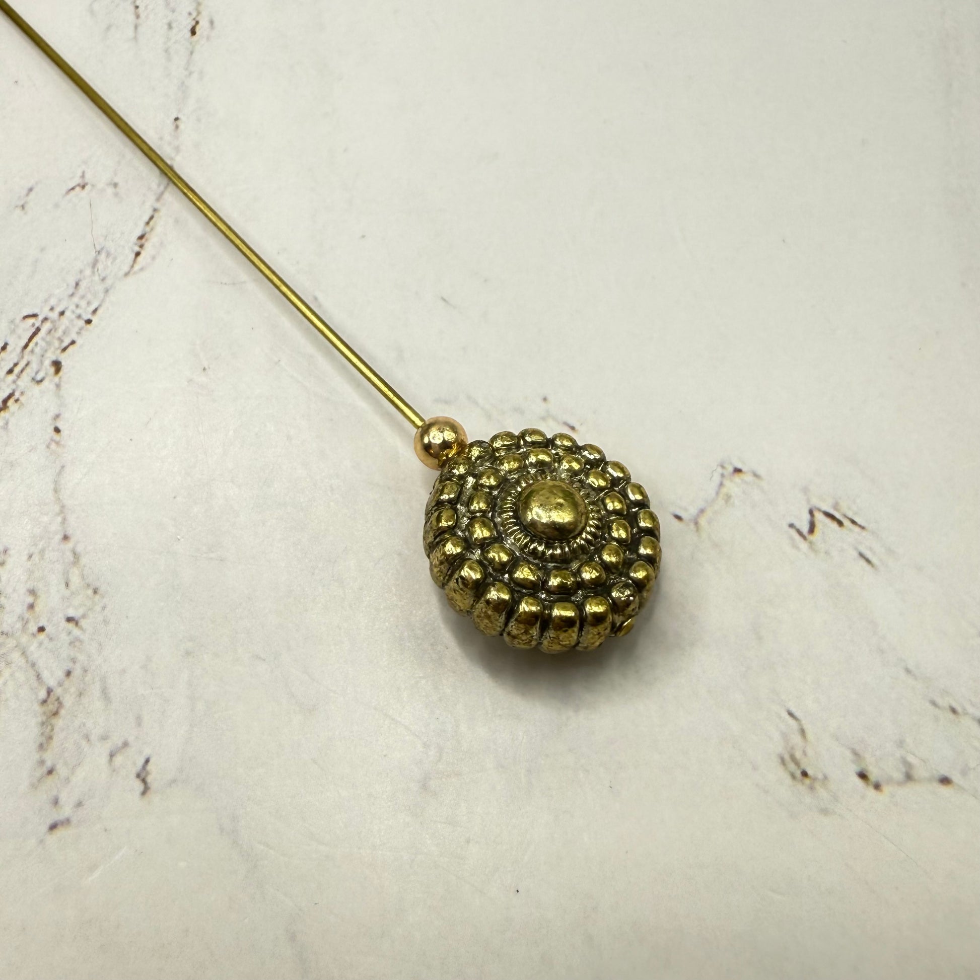 ✨ Handmade Vintage-Inspired Hatpin | Stick Pin | Hat Accessory | Sweater & Hijab Pin | Decorative Jewelry Gift for Her ✨

Brass Gold Tone Acrylic Circular Textured Beaded Pebbled Design Hatpin 