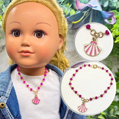 ✨Handmade Doll Jewelry Designed to Fit popular 18 Inch Fashion Dolls: add a little “Summer Fun ☀️ Beachy Style 🏝️” to your favorite doll!✨

Bright Pink White Seashell Charm Pink Glass Crystal Beaded Doll Necklace