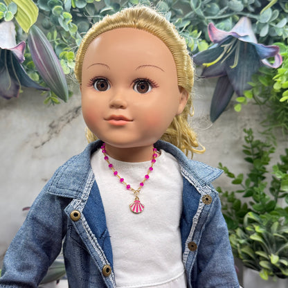 ✨Handmade Doll Jewelry Designed to Fit popular 18 Inch Fashion Dolls: add a little “Summer Fun ☀️ Beachy Style 🏝️” to your favorite doll!✨

Bright Pink White Seashell Charm Pink Glass Crystal Beaded Doll Necklace