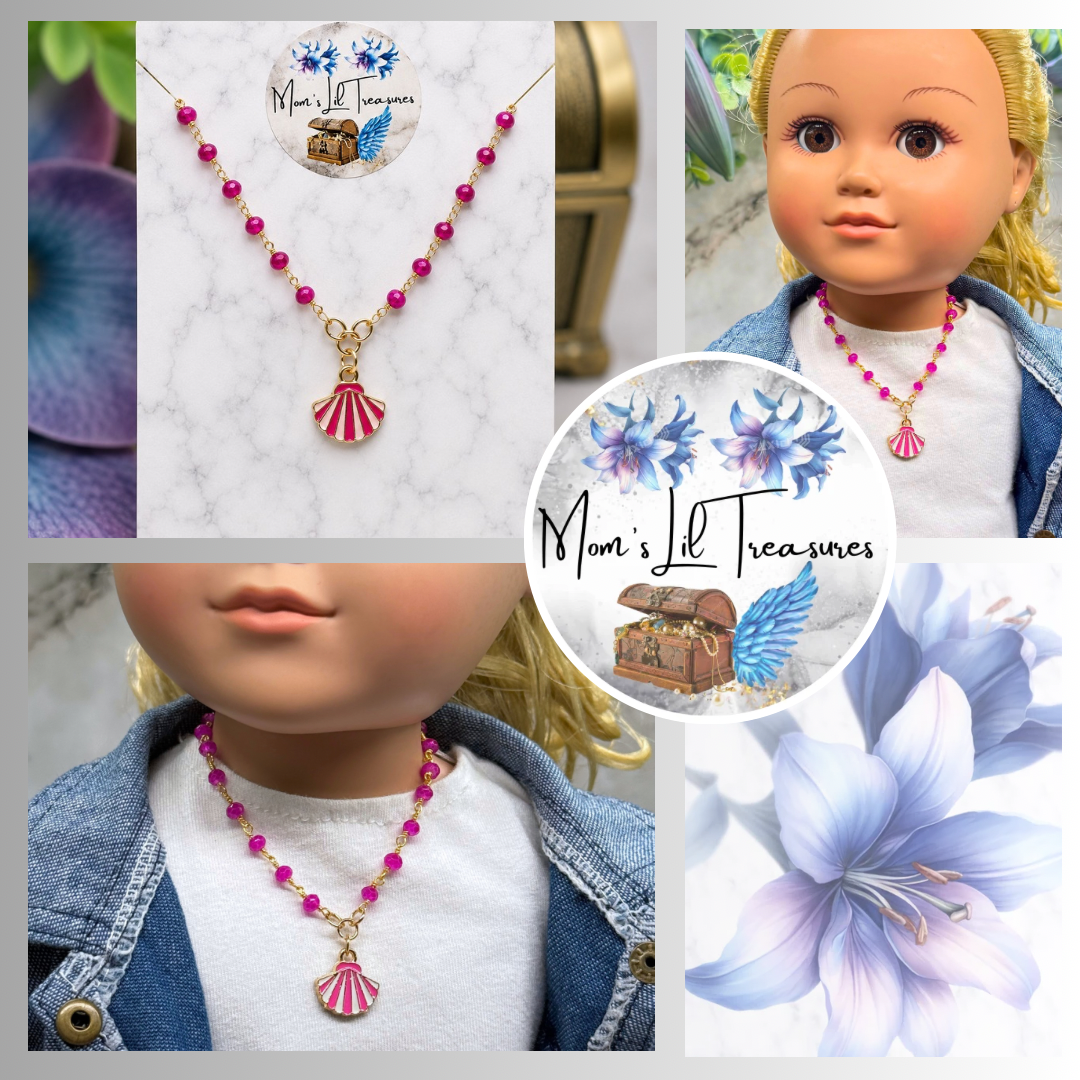 ✨Handmade Doll Jewelry Designed to Fit popular 18 Inch Fashion Dolls: add a little “Summer Fun ☀️ Beachy Style 🏝️” to your favorite doll!✨

Bright Pink White Seashell Charm Pink Glass Crystal Beaded Doll Necklace