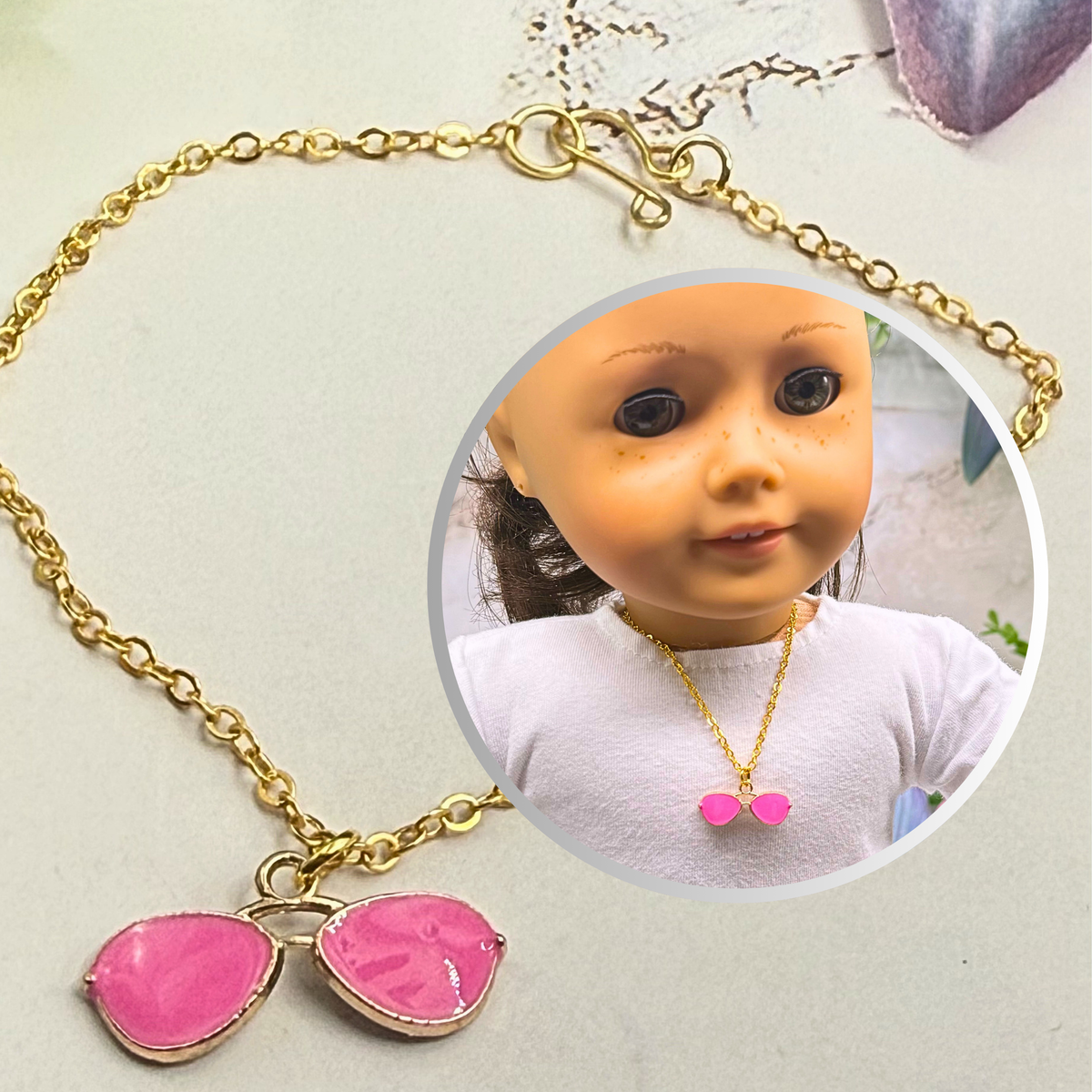 ✨Handmade Doll Jewelry Designed to Fit popular 18 Inch Fashion Dolls: add a little “Summer Fun 😎” to your favorite doll!✨

Bright Pink Sunglasses Charm Gold Chain Doll Necklace