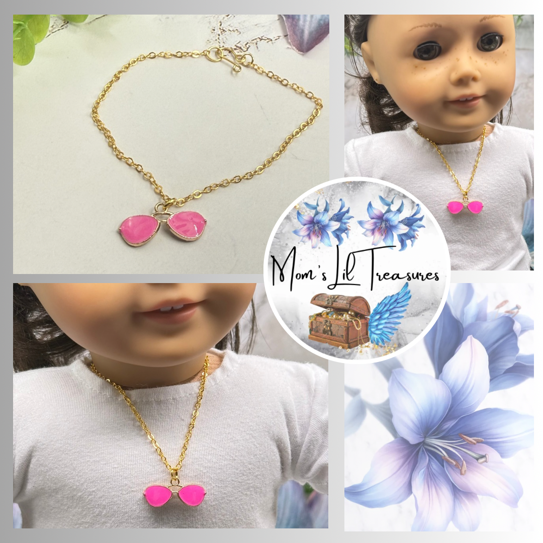 ✨Handmade Doll Jewelry Designed to Fit popular 18 Inch Fashion Dolls: add a little “Summer Fun 😎” to your favorite doll!✨

Bright Pink Sunglasses Charm Gold Chain Doll Necklace