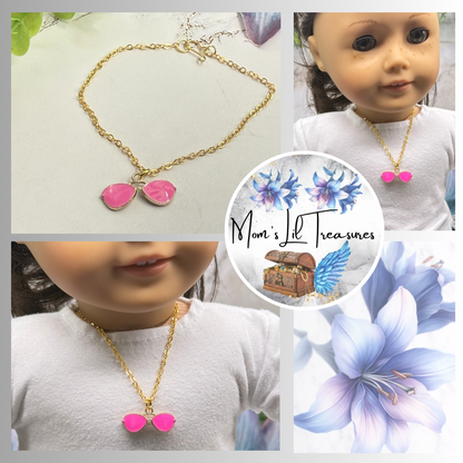 ✨Handmade Doll Jewelry Designed to Fit popular 18 Inch Fashion Dolls: add a little “Summer Fun 😎” to your favorite doll!✨

Bright Pink Sunglasses Charm Gold Chain Doll Necklace
